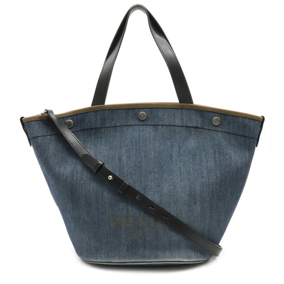 Prada Denim Bag Leather Khaki 2WAY Shoulder Blue - Picture 1 of 9